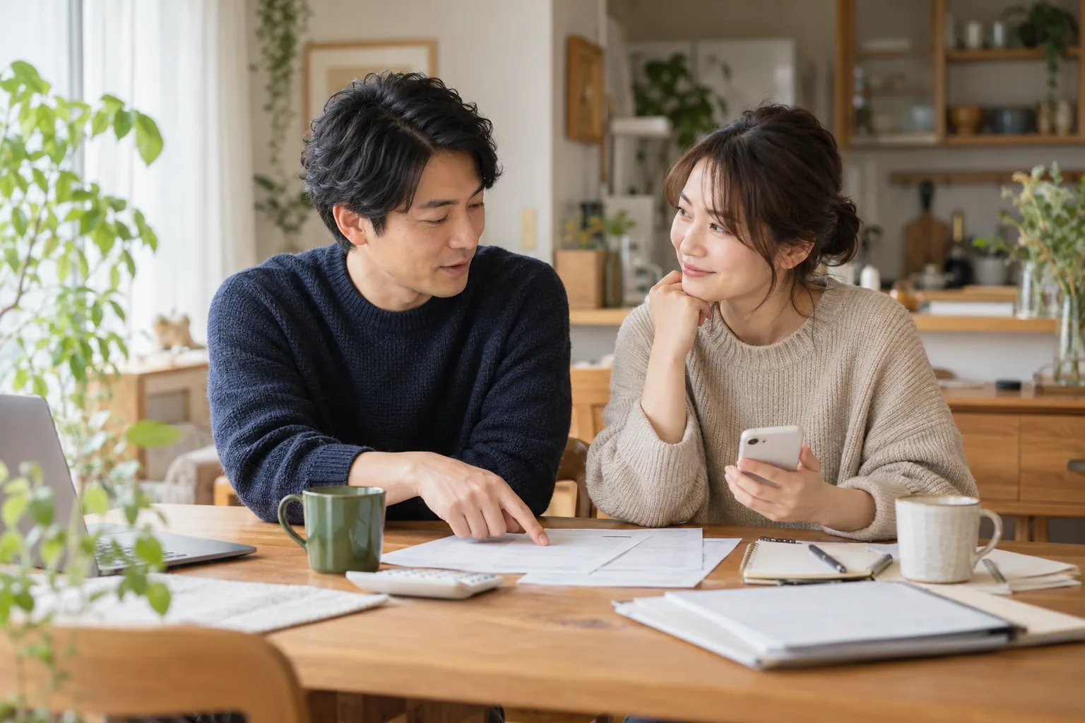 スマートフォンと書類を見ながら相談する二人の大人。AI生成による暮らしのイメージ。